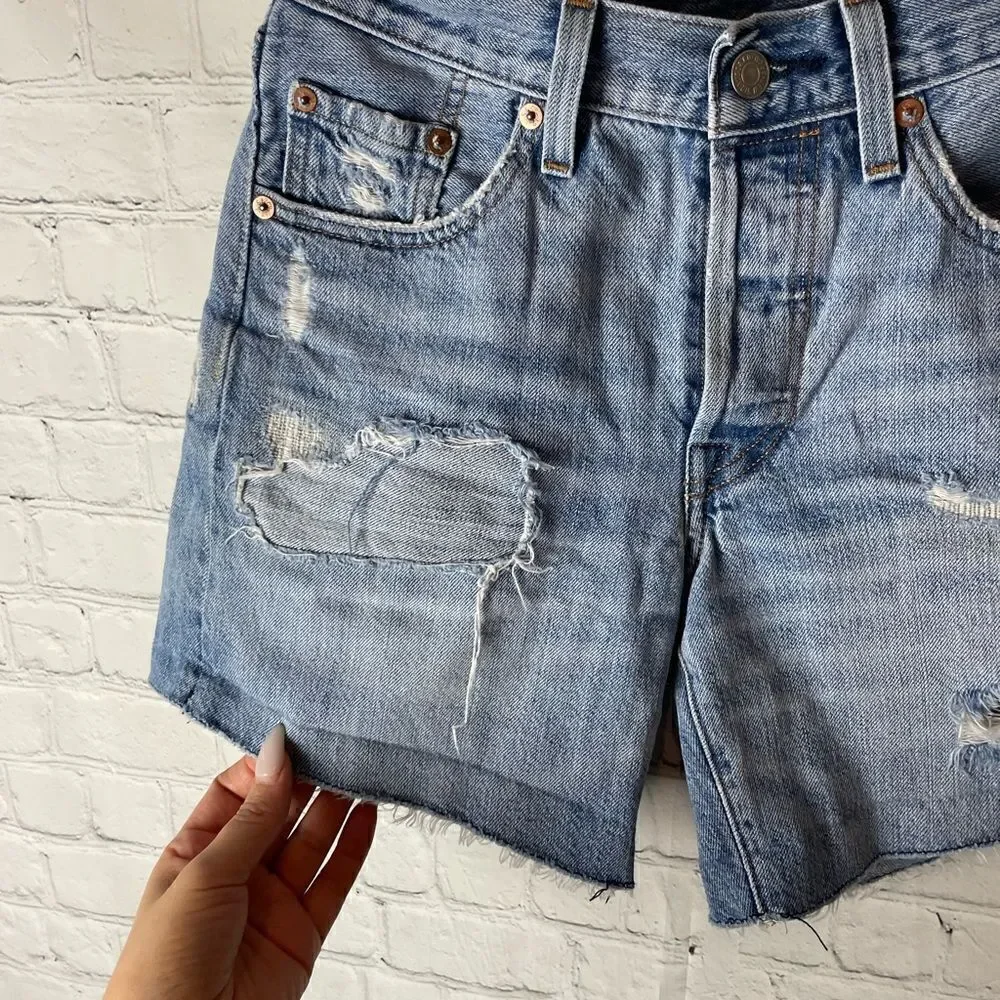 Levi's 501 long denim jean shorts distressed raw hem high rise medium wash 24